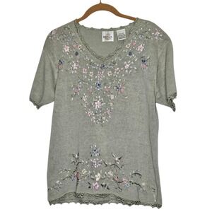 Bentley Floral Embroidered Knit Top Crochet Sage Green Short Sleeve Grandma‎ S